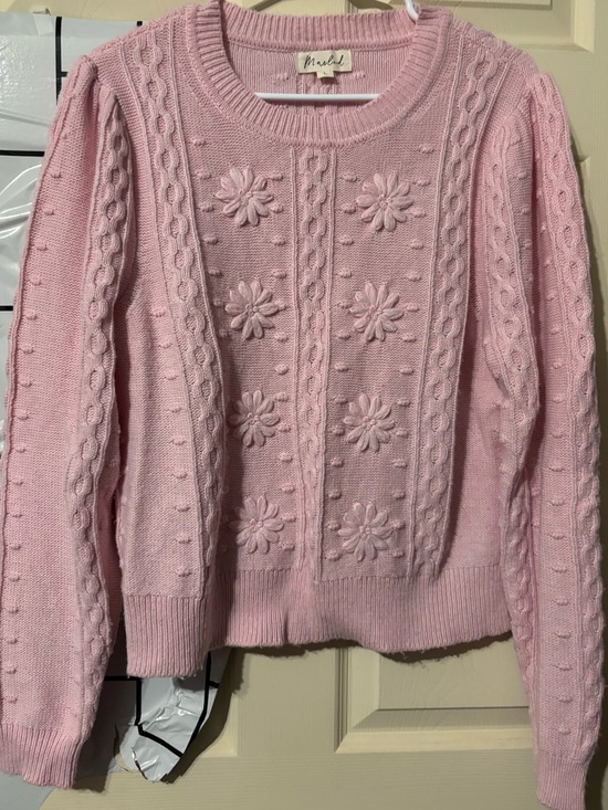 Marled Sweaters - Light Pink Cable Knit Floral Appliqué Crewneck Sweater